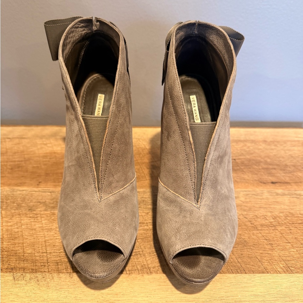 Vera Wang Taupe Peep-Toe Heeled Pump Booties with Bow on the Back